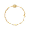 A delicate 18K gold plated rosary bracelet for women featuring a crucifix and a decorative medallion.