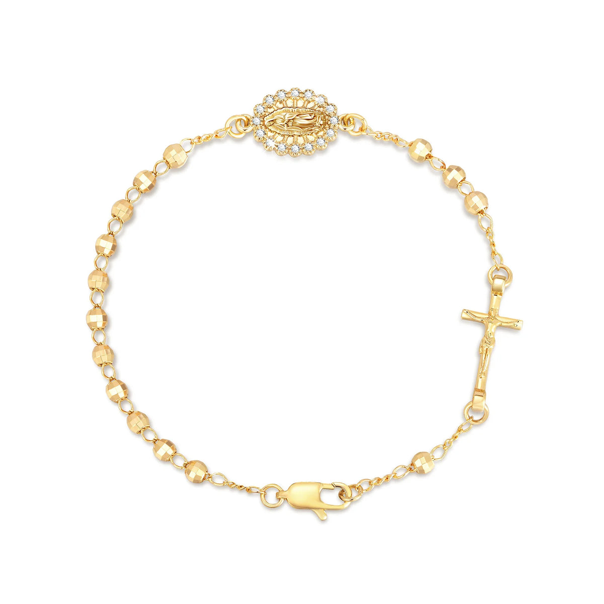 A delicate 18K gold plated rosary bracelet for women featuring a crucifix and a decorative medallion.