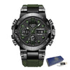 A black and olive green luxury men's chronograph dive watch with a stainless steel bracelet and green bezel.