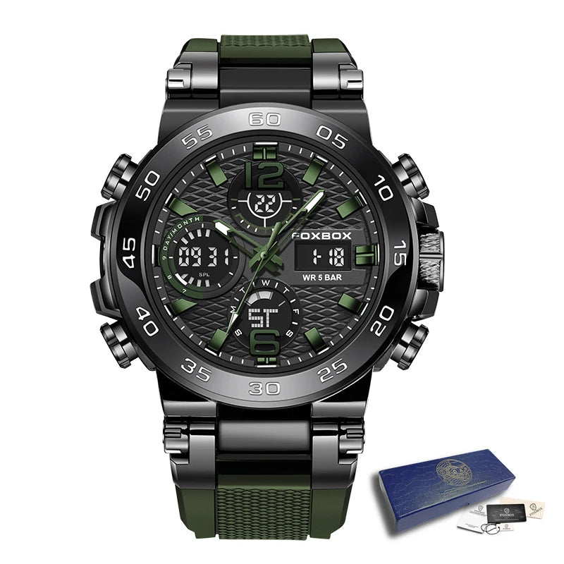 A black and olive green luxury men's chronograph dive watch with a stainless steel bracelet and green bezel.