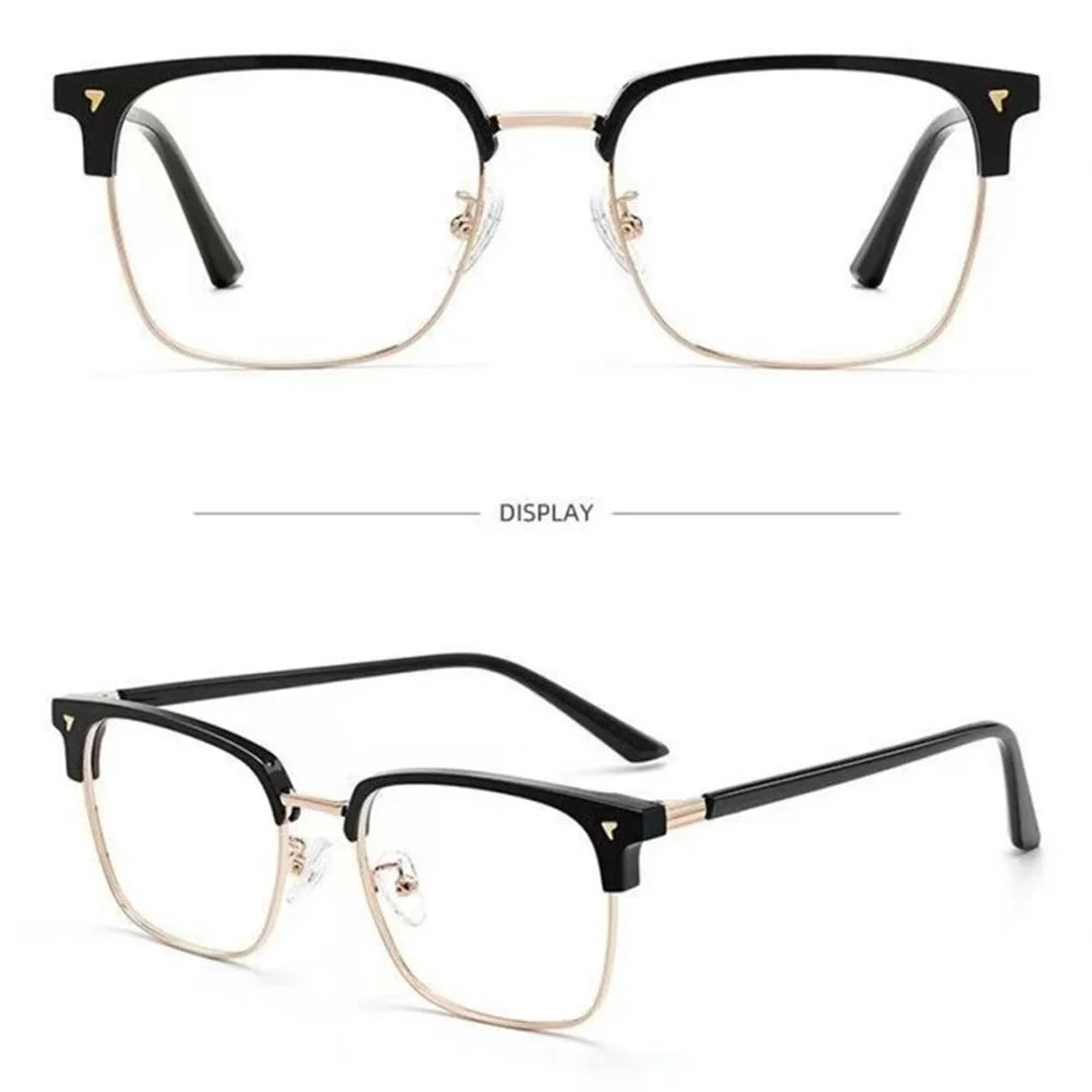 A pair of anti-blue light clear eyeglasses with black frames shown in a studio setting.
