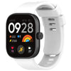 A white silicone watch strap is shown with a black smartwatch displaying time, heart rate, and weather icons.