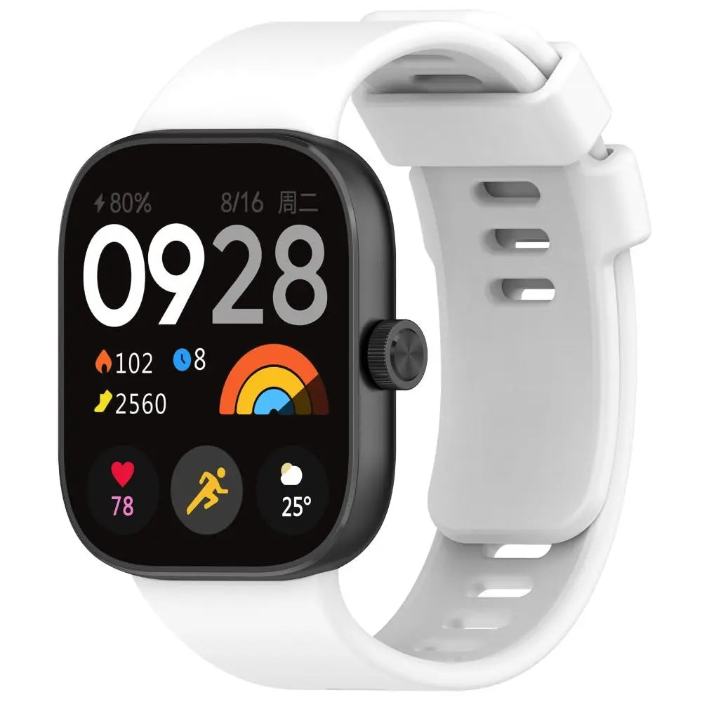 A white silicone watch strap is shown with a black smartwatch displaying time, heart rate, and weather icons.