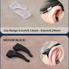 Comparison of small white and medium black silicone ear grip hooks showing their size ranges.