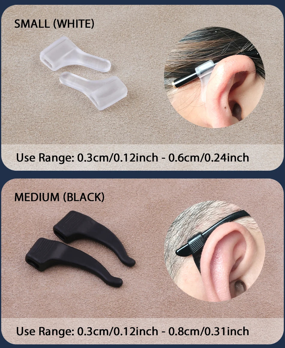 Comparison of small white and medium black silicone ear grip hooks showing their size ranges.