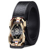 A close-up of a men's automatic buckle belt featuring a gold-toned buckle and black crocodile pattern leather strap.