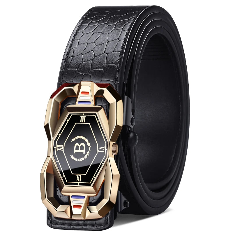 A close-up of a men's automatic buckle belt featuring a gold-toned buckle and black crocodile pattern leather strap.