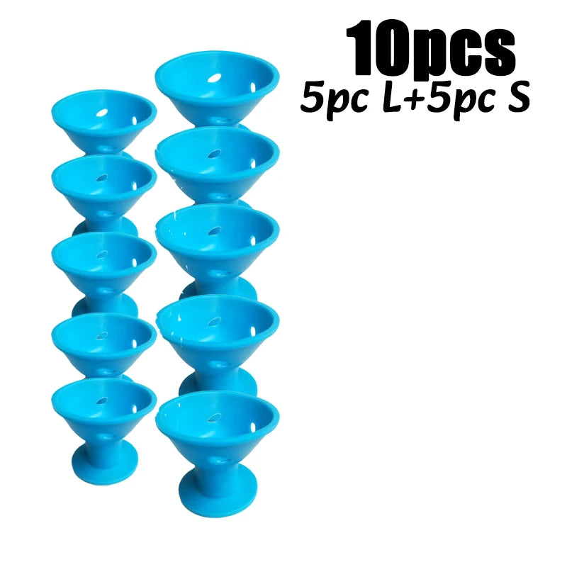 A set of ten blue heatless magic hair curlers, including five large and five small sizes.