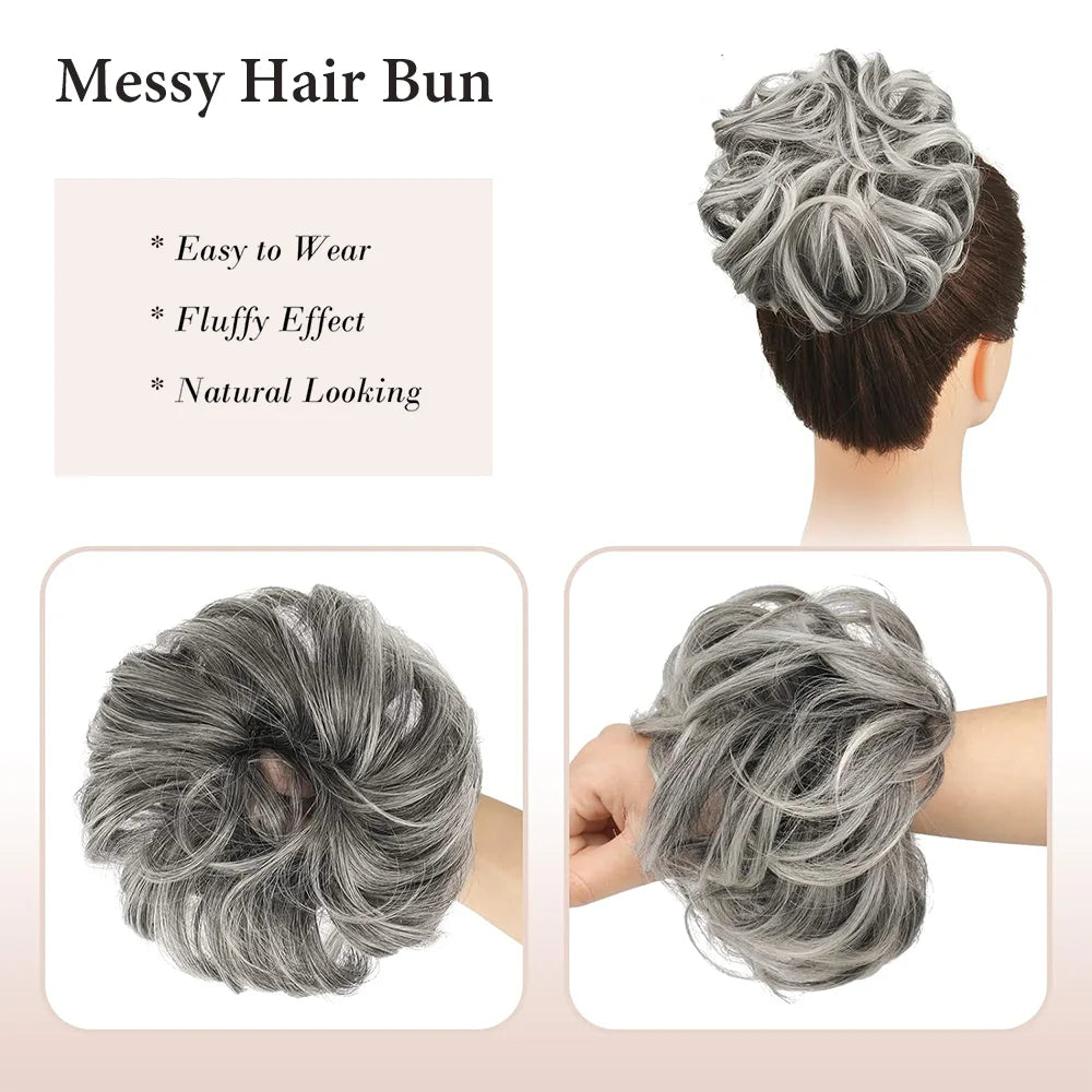 A gray messy hair bun hairstyle shown in various views and features.