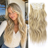 Long blonde hair with light ombre tips and clips shown in a split image.