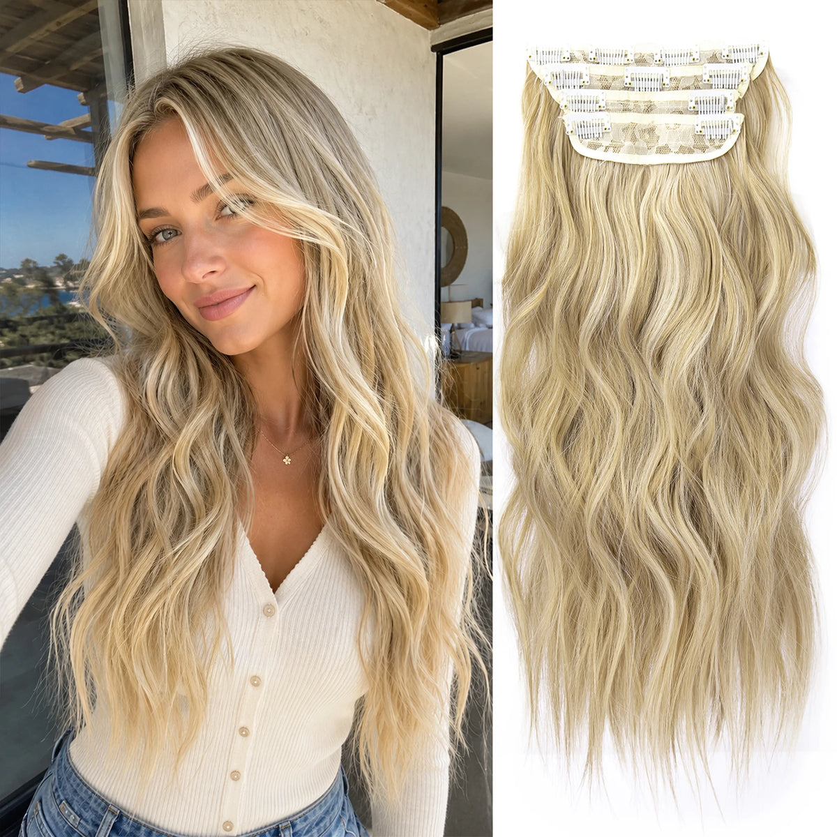 Long blonde hair with light ombre tips and clips shown in a split image.