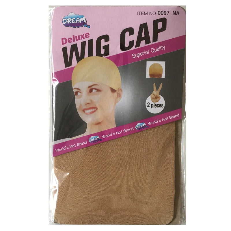 A package of a Deluxe Wig Cap featuring a tan wig cap and a model wearing it.