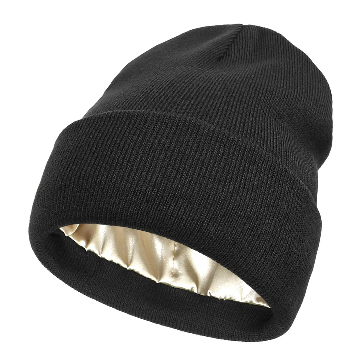 Black beanie hat with a satin gold lining visible at the opening