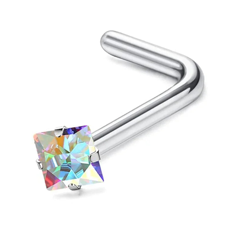Surgical stainless steel nose piercing studs with a curved bar and a clear gemstone setting