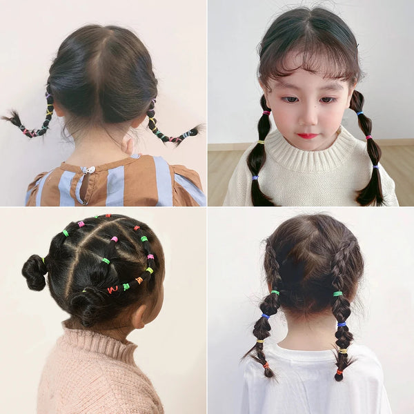 Four images showing various styles of colorful disposable rubber hair ties used for braiding and styling children's hair.