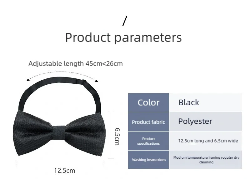 Nœud papillon noir réglable en polyester, dimensions 12,5 cm de long et 6,5 cm de large