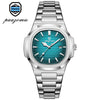 A silver-toned men's luxury quartz wristwatch with a blue dial and luminous hands on a white background.
