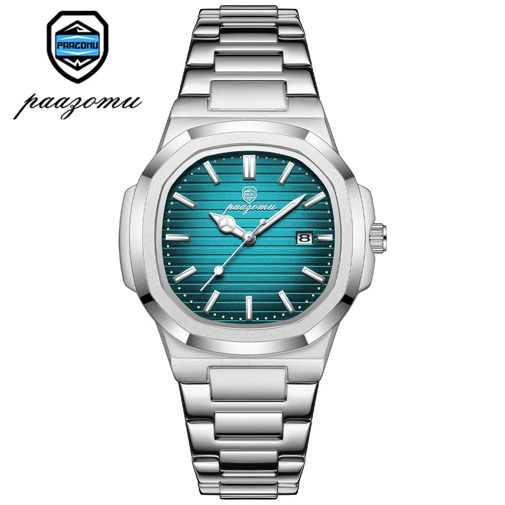 A silver-toned men's luxury quartz wristwatch with a blue dial and luminous hands on a white background.