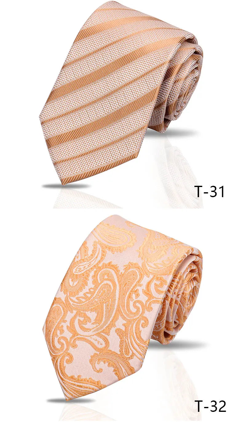 Two silk neckties, one striped beige and one floral paisley beige, shown folded.