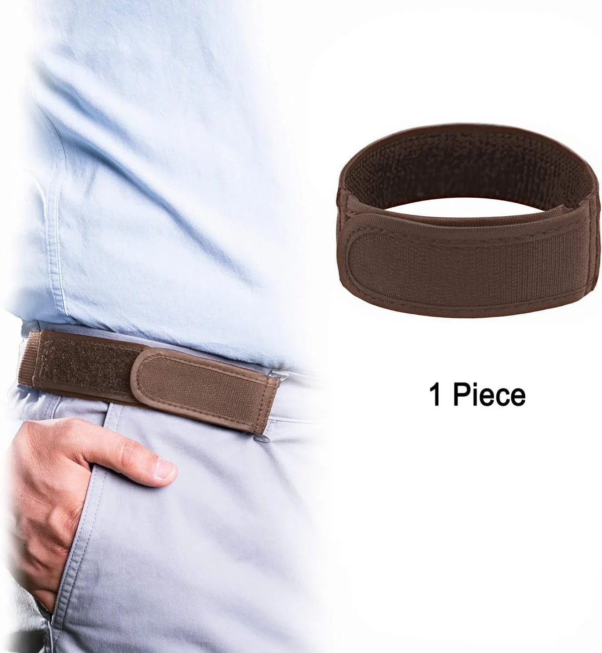 A brown elastic waist belt is shown being worn on a person's waist, with a single piece displayed separately.