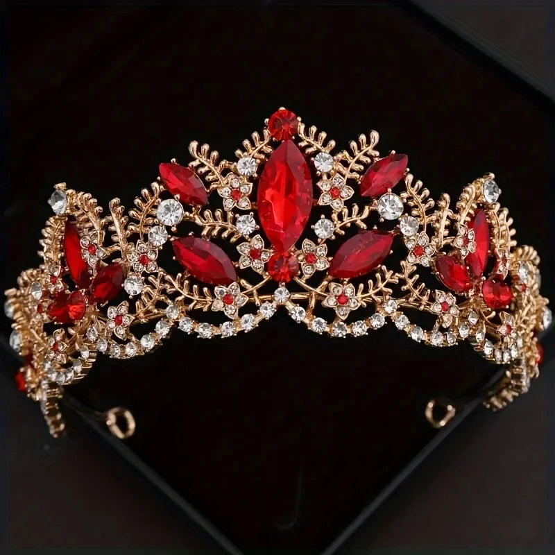 Tiara et couronne en strass de cristal baroque ton or avec des pierres rouges et claires