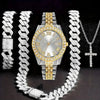 A mens bling wrist watch and hip hop chain necklace set featuring a diamond-encrusted watch and gold chain.