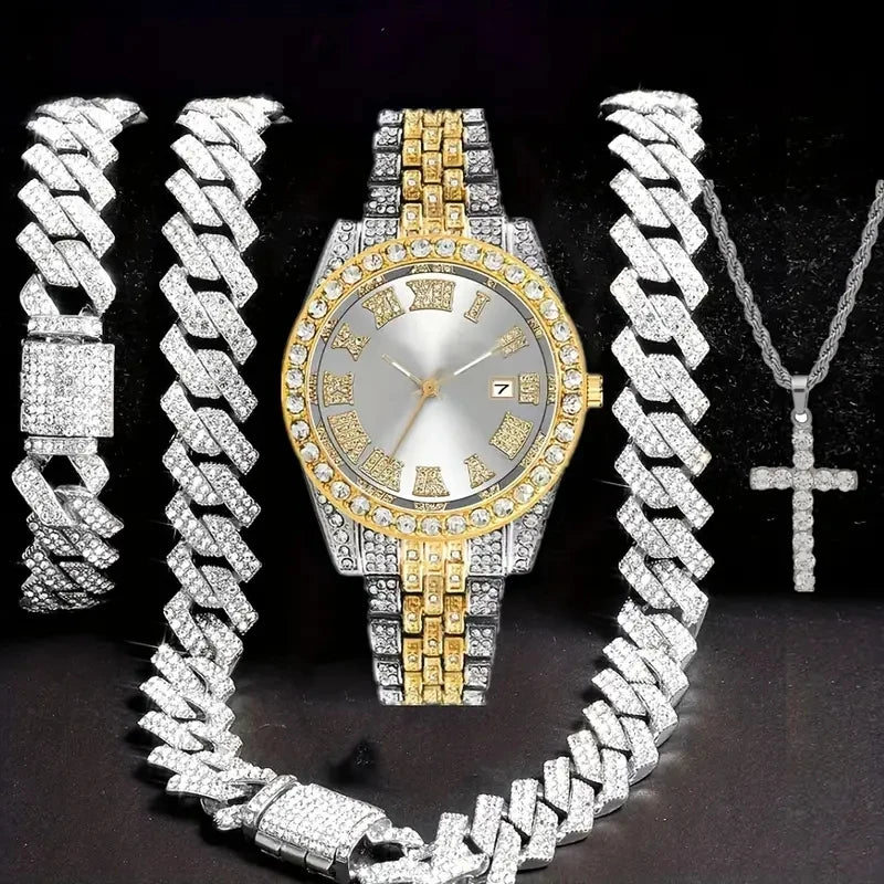 A mens bling wrist watch and hip hop chain necklace set featuring a diamond-encrusted watch and gold chain.