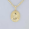 A gold-plated pendant necklace featuring a depiction of the Virgin Mary Christ.