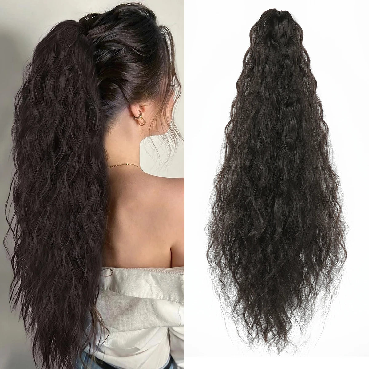 Une femme montre de longues extensions de cheveux noirs bouclés en queue de cheval haute.