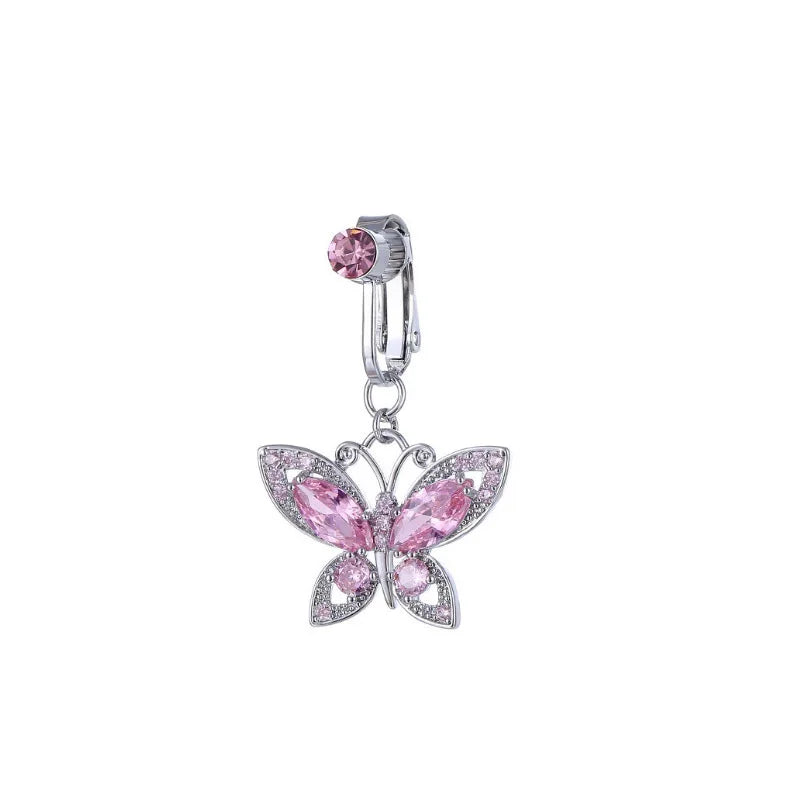 Silver fashion belly button rings featuring pink and clear gemstones.