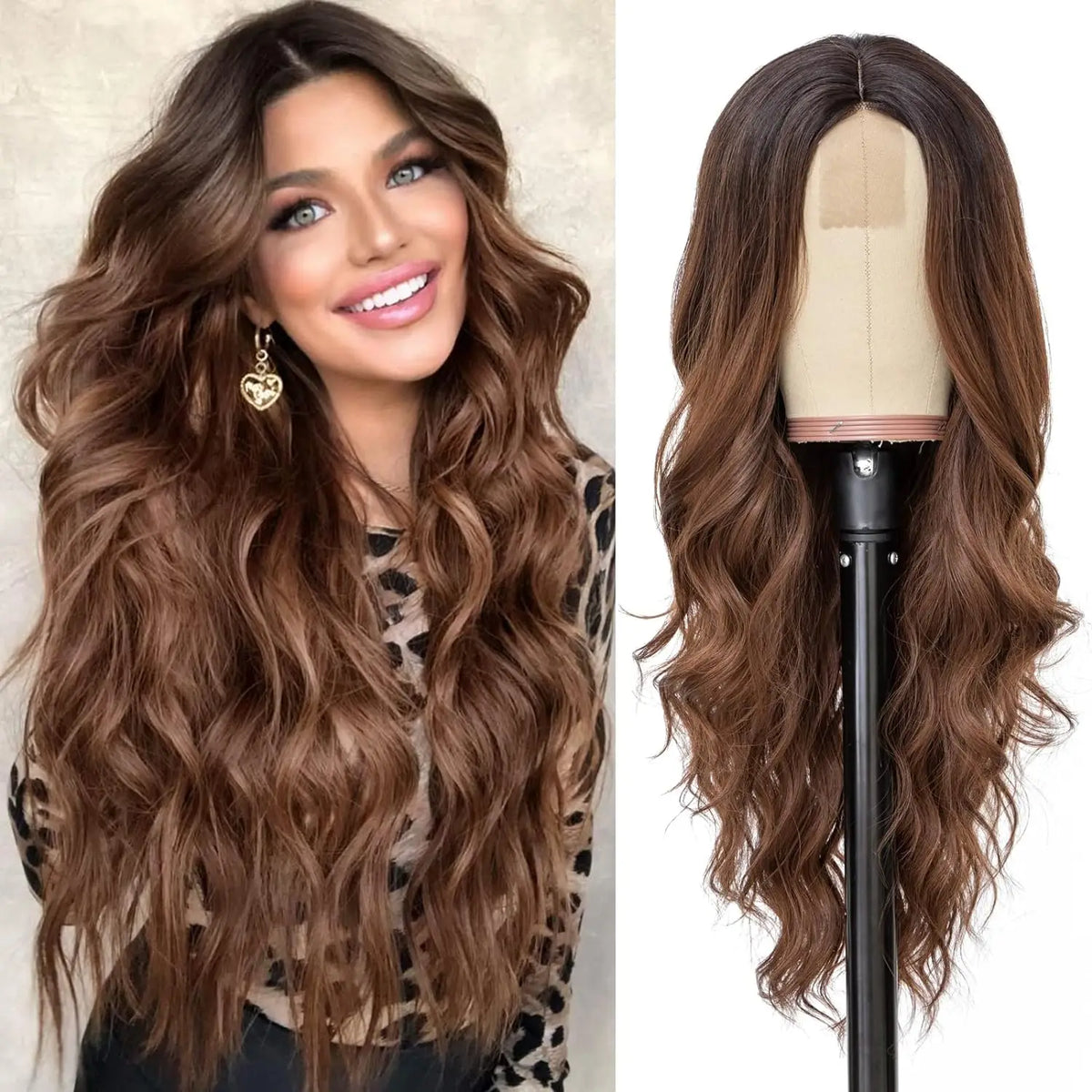 Una modelo muestra una larga peluca sintética ondulada en cabello castaño con rizos sueltos.