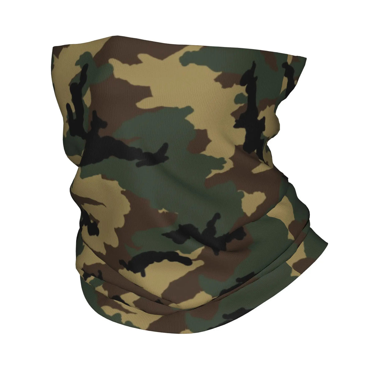 Un pañuelo de cuello camuflaje en tonos marrones y verdes, mostrado contra un fondo blanco.