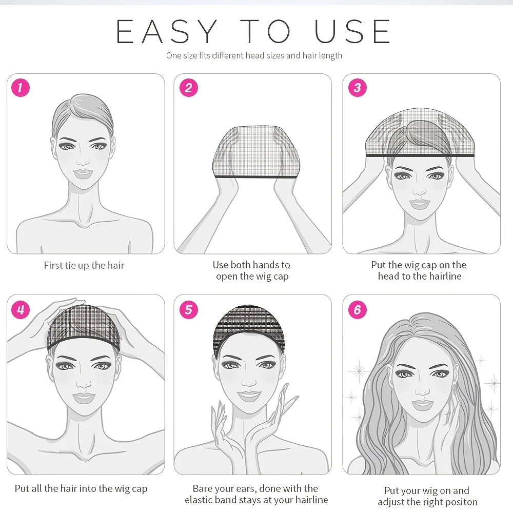 Instructions for using stretchy non-slip wig caps showing how to put the wig on a head