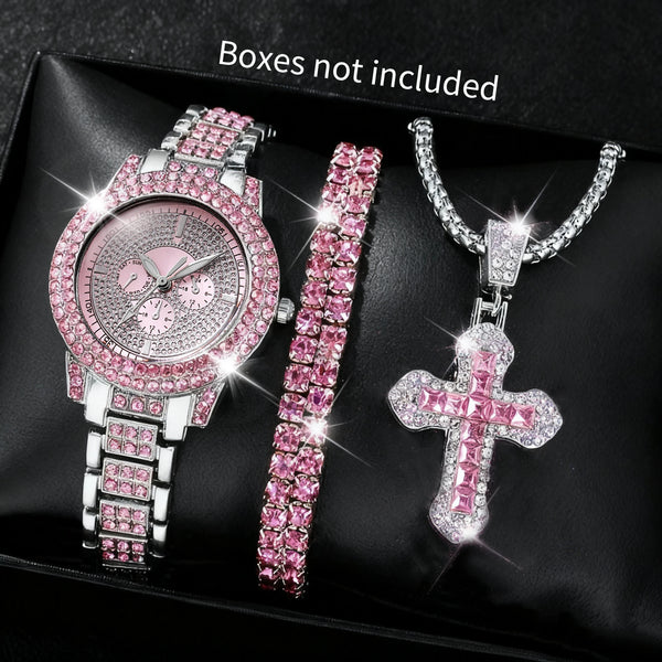 A set of three pink and silver diamond rhinestone jewelry pieces including a watch, bracelet, and cross necklace displayed on