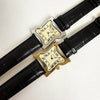 A vintage irregular quartz watch with a gold-toned face and silver-toned case is shown on a black leather strap.