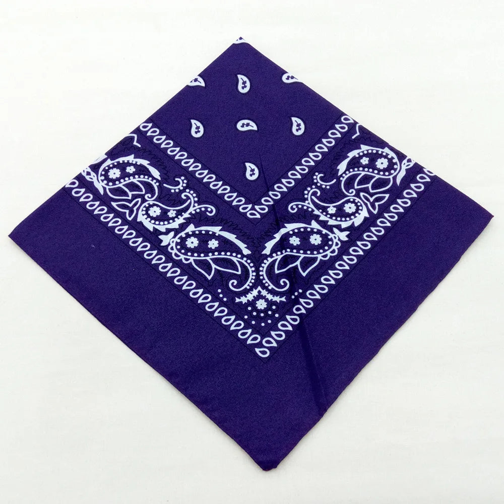 Purple paisley bandana fabric folded into a diamond shape with white embroidery