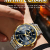 A close-up of a gold and silver watch with a black dial and textured strap is worn on a wrist.