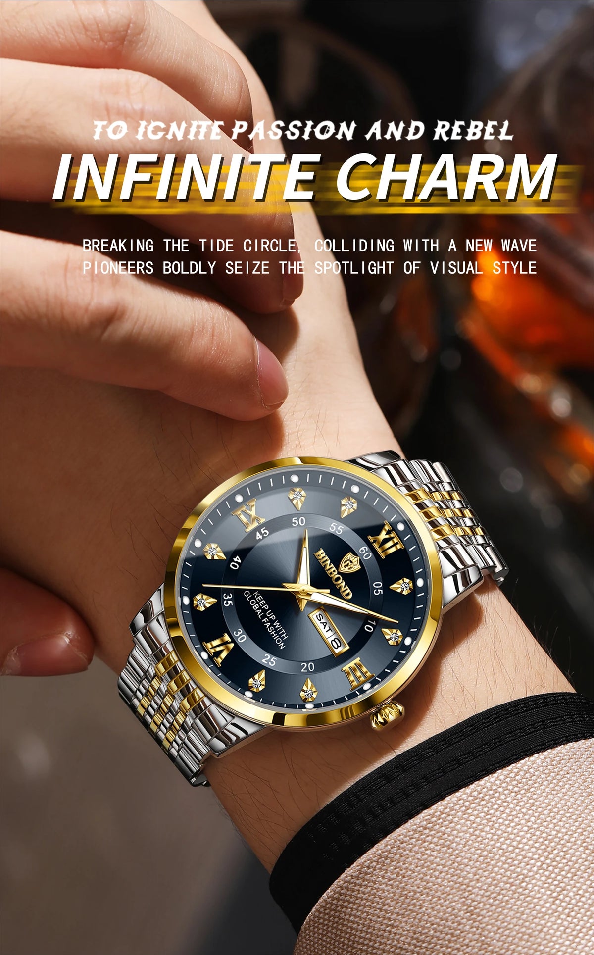 A close-up of a gold and silver watch with a black dial and textured strap is worn on a wrist.