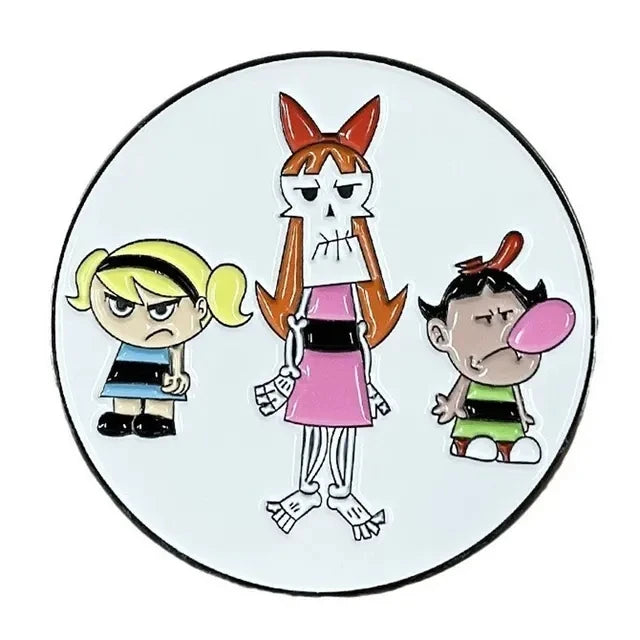 A set of retro cartoon enamel lapel pins featuring characters from various animated shows.