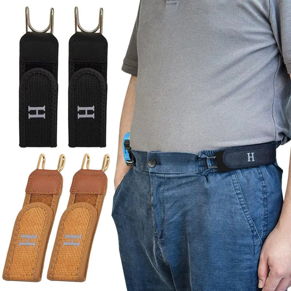 Black and brown elastic belts with metal hooks shown on a person's waist.