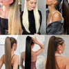 A collage showing various styles of ultra-long straight ponytails and hair extensions on models.