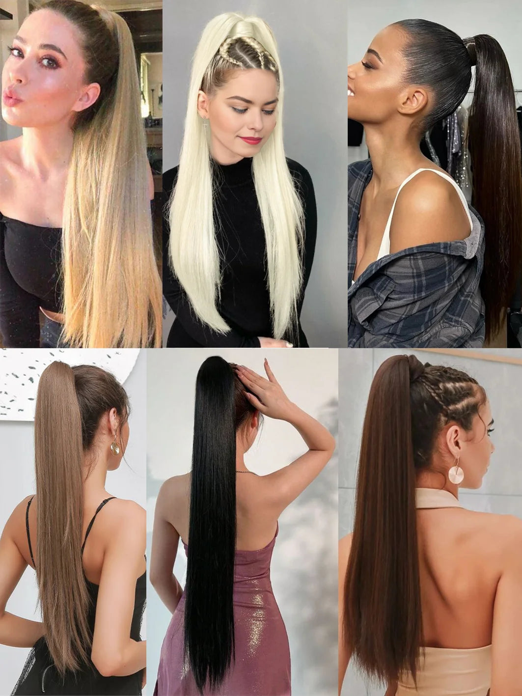 A collage showing various styles of ultra-long straight ponytails and hair extensions on models.