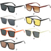 Seven styles of fashionable square frame sunglasses shown in various colors and shades