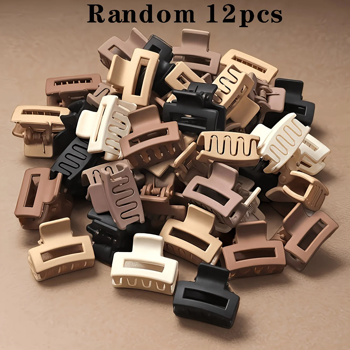 A pile of random 12 pieces of rectangular hair clips in various beige and black colors.