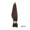 A bundle of long, dark brown synthetic braided hair extensions with a metal hook.