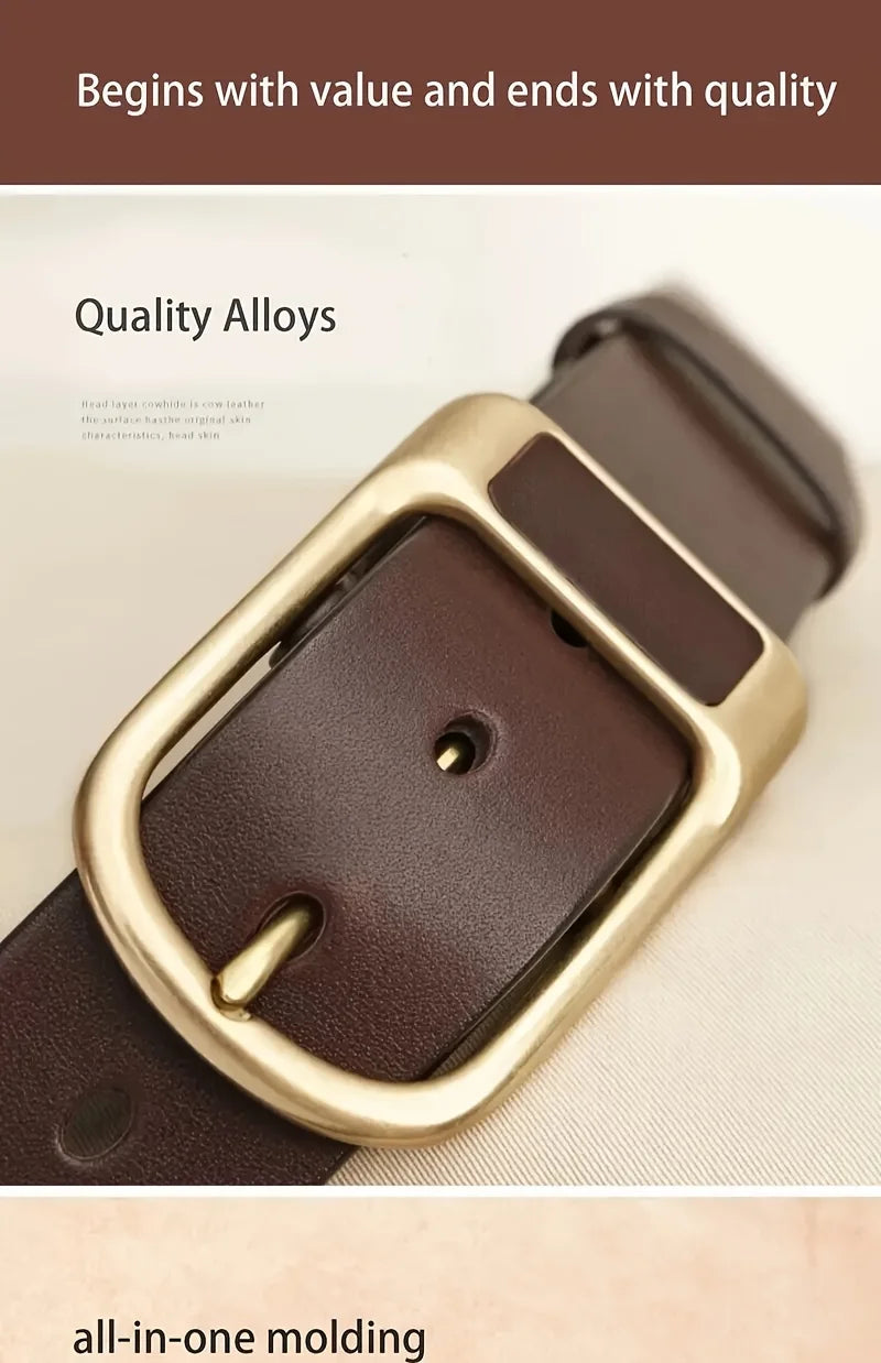 A close-up of a brown leather belt buckle and strap with gold accents, showing all-in-one molding.