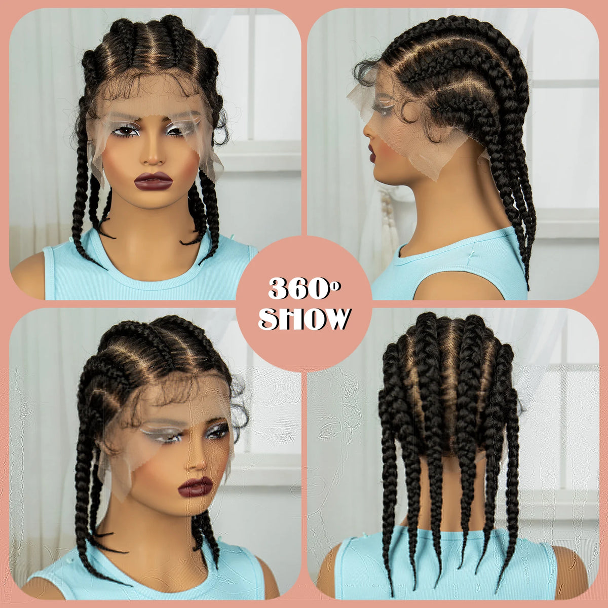 Présentation à 360 degrés de perruques en cheveux synthétiques tressés sur un mannequin.