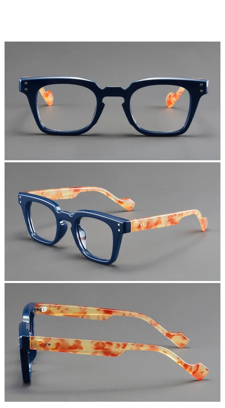 Une paire de lunettes à monture bleue avec des verres translucides orange, vues sous trois angles.