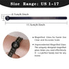 A black reusable ring sizing gauge showing a scale from US size 1 to 17, with a magnified glass for easy reading.