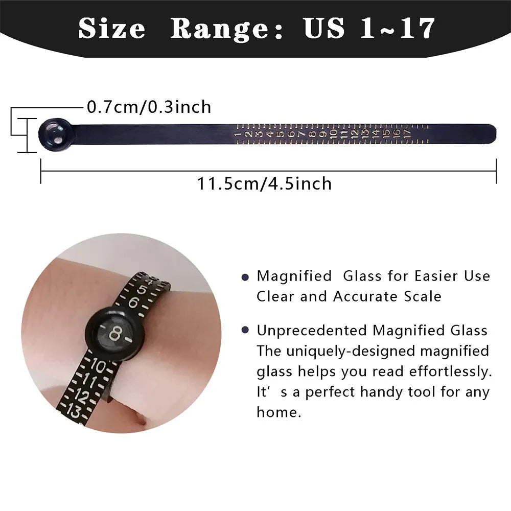 A black reusable ring sizing gauge showing a scale from US size 1 to 17, with a magnified glass for easy reading.